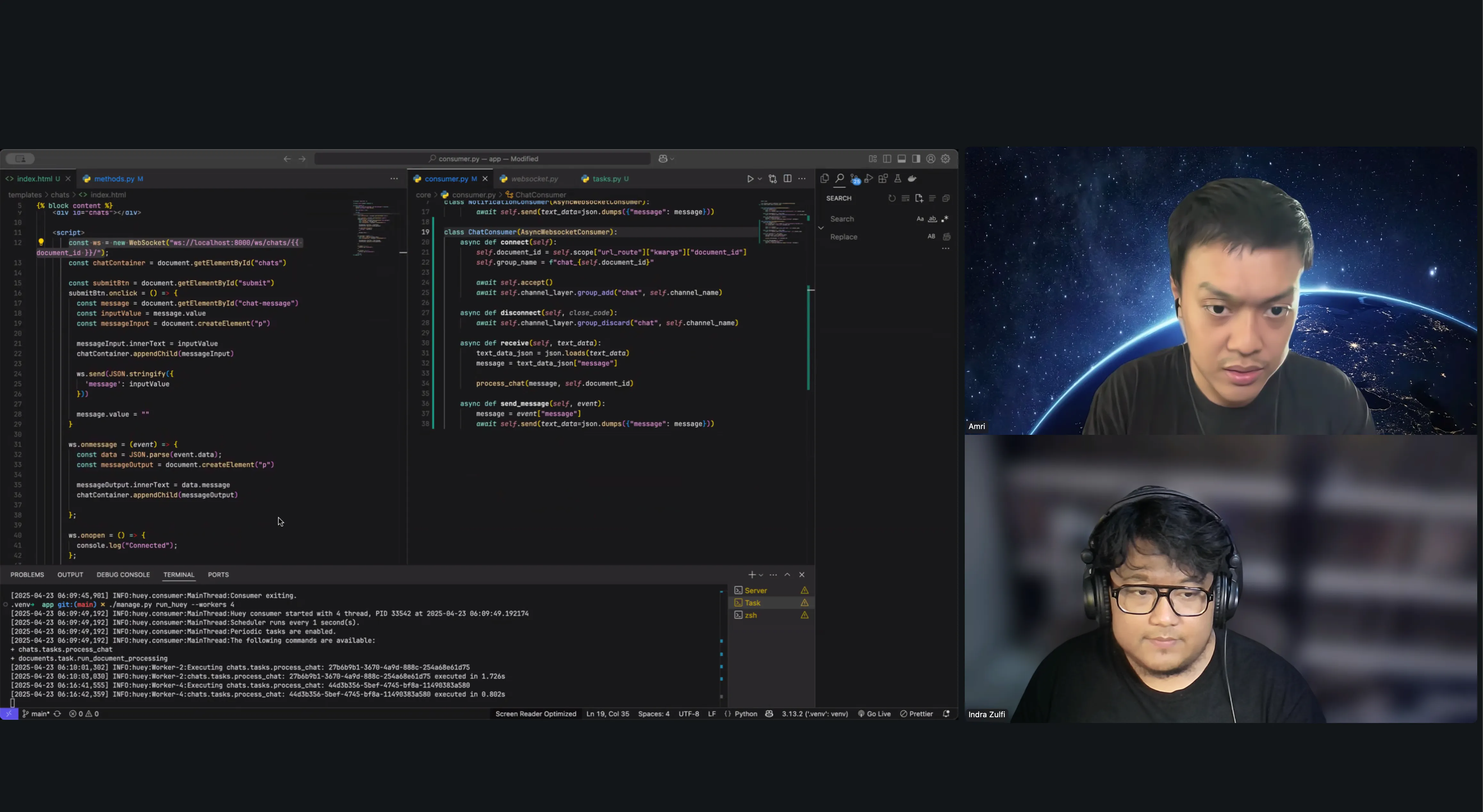 Mentor live coding di editor sambil menjelaskan ke students lewat video call