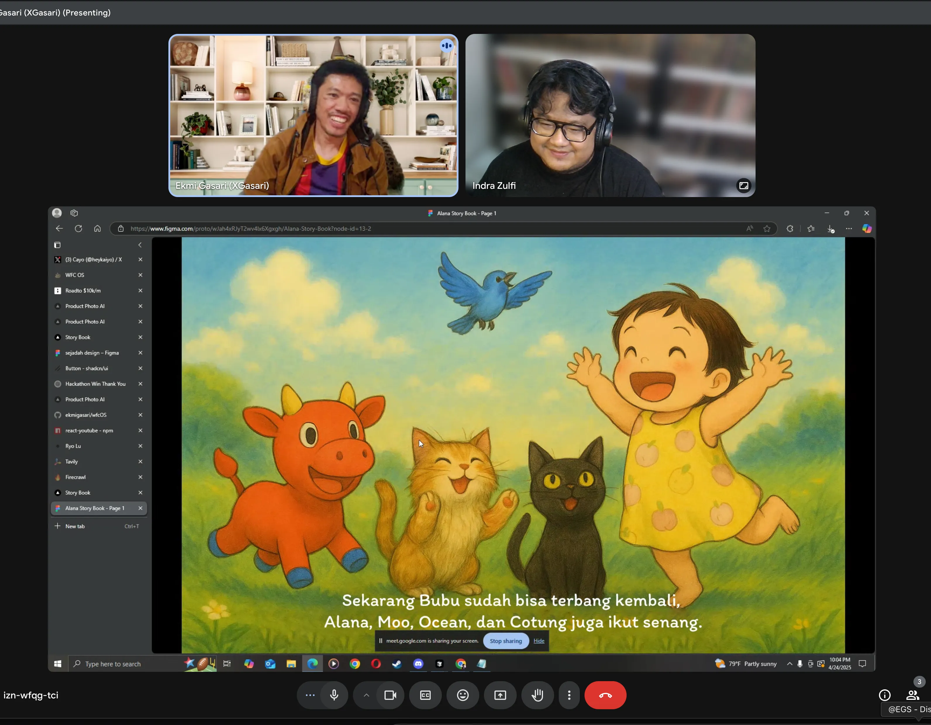 Sesi presentasi di video call dengan slide ilustrasi cerita anak